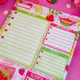 Stay organized in style with this adorable Strawberry Book Stack Daily Planner Notepad! Perfect for jotting down your daily tasks, goals, and bookish ideas, this notepads brings a pop of personality to your desk. Featuring a sturdy cardboard back and premium 70lb. uncoated paper, it's built to last through all your planning adventures.&nbsp;

✦ DETAILS ✦

Size: 5.5" x 8.5"

70 lb. Paper Uncoated

Padded With Cardboard Back

50 Sheets
No magnet backing