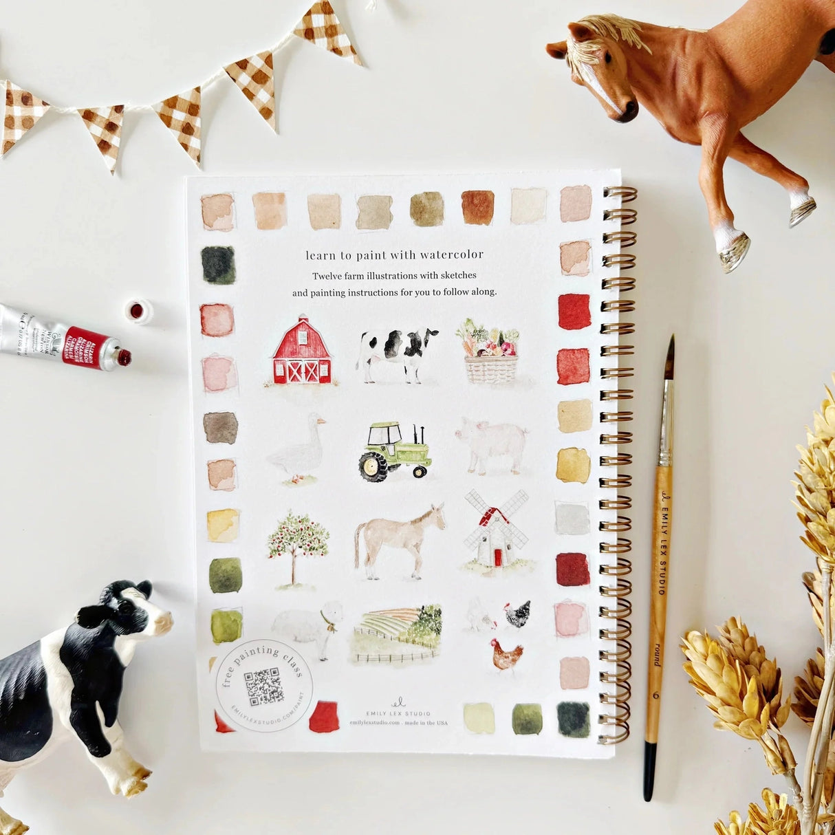 Twelve farm illustrations — a red barn, dairy cow, tractor, horse, windmill, sheep, and more — each pre-outlined with step-by-step instructions. Paintings take about thirty minutes from start to finish, making it a favorite for young painters and the grown-ups who paint alongside them.

Enjoy this peaceful painting hobby on your own, with children, or with friends. Makes a wonderful gift and is perfect for artists of any age.
Details:

12 beginner-friendly illustrations
Thick 120lb watercolor paper&nbsp;
La