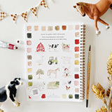 Twelve farm illustrations — a red barn, dairy cow, tractor, horse, windmill, sheep, and more — each pre-outlined with step-by-step instructions. Paintings take about thirty minutes from start to finish, making it a favorite for young painters and the grown-ups who paint alongside them.

Enjoy this peaceful painting hobby on your own, with children, or with friends. Makes a wonderful gift and is perfect for artists of any age.
Details:

12 beginner-friendly illustrations
Thick 120lb watercolor paper&nbsp;
La