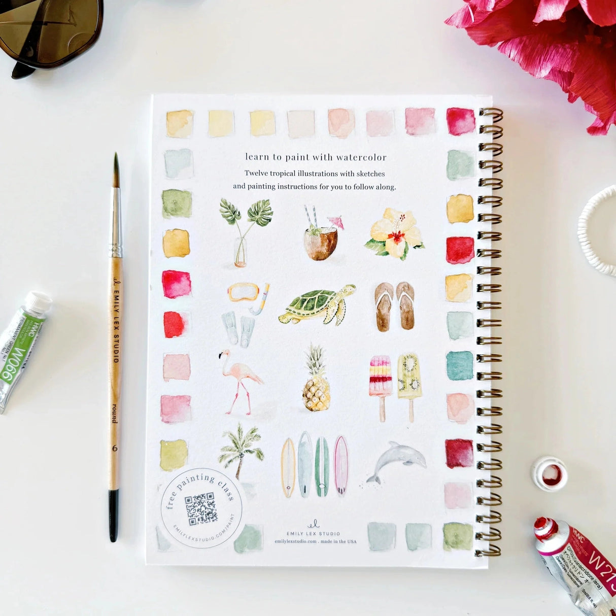 Emily Lex Studio Watercolor Workbook - Tropical

Twelve tropical illustrations — a palm tree, hibiscus, sea turtle, flamingo, pineapple, surfboards, and more — each pre-outlined with step-by-step instructions. Paintings take about thirty minutes from start to finish, making it approachable for first-time painters and a favorite for gifting.

12 beginner-friendly illustrations
Thick 120lb watercolor paper&nbsp;
Lay-flat pages with spiral binding for hassle-free painting and easy tear-out&nbsp;
Lightly outlin
