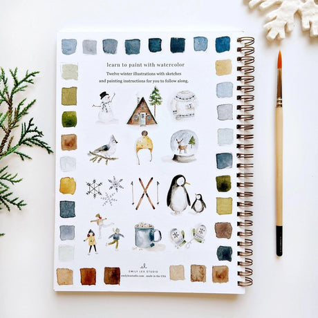Twelve winter illustrations — a snowman, A-frame cabin, fair isle sweater, snow globe, ice skaters, mittens, and more — each pre-outlined with step-by-step instructions. Paintings take about thirty minutes from start to finish, making it approachable for first-time painters and a favorite for gifting.