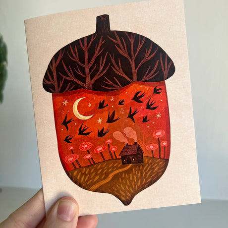 Emmylou Illustrations - Fall Acorn Cottage Greeting Card

Blank fall greeting card with a cozy cottage in an acorn. Whimsical folk inspired fall card for the cozy season ahead. &nbsp;All greeting cards are hand illustrated by me!&nbsp;

Printed on premium heavyweight matte cardstock, this A2 card is blank inside—ready for your handwritten notes.

Includes a kraft envelope