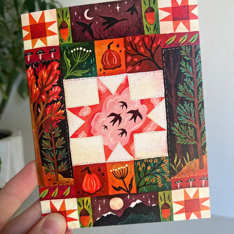 Cottagecore fall quilt greeting card featuring a pumpkins, autumn trees, foliage and birds. Perfect for the autumn season. &nbsp;All greeting cards are hand illustrated by me!&nbsp;

Printed on premium heavyweight matte cardstock, this A2 card is blank inside—ready for your handwritten notes.

Includes a kraft envelope