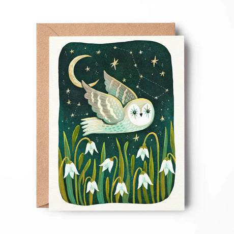 Emmylou Illustrations - Owl Greeting Card

Blank greeting card featuring a cute owl, snowdrop flowers, moon and stars. Perfect for anniversaries, birthdays, or just because! All greeting cards are hand illustrated by me!&nbsp;

Printed on premium heavyweight matte cardstock, this A2 card is blank inside—ready for your handwritten notes.

Includes a kraft envelope
