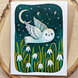 Emmylou Illustrations - Owl Greeting Card

Blank greeting card featuring a cute owl, snowdrop flowers, moon and stars. Perfect for anniversaries, birthdays, or just because! All greeting cards are hand illustrated by me!&nbsp;

Printed on premium heavyweight matte cardstock, this A2 card is blank inside—ready for your handwritten notes.

Includes a kraft envelope