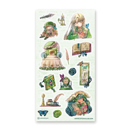 Sheet of illustrated stickers featuring characters and objects on a white background