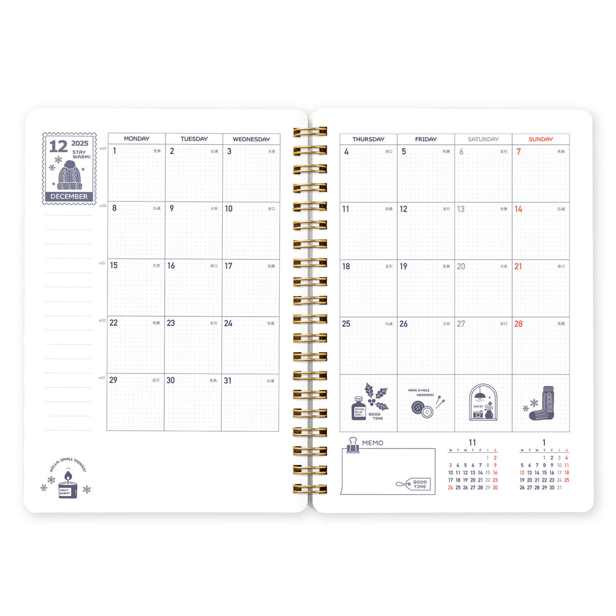 Eric x Kleid 2026 Ring Diary B6

This is the second collaboration between Eric, who expresses a world filled with small things through his unique stamps, and Kleid Diary. Eric's worldview is expressed in every detail, from the cover to the monthly and note pages. It features a diagonal elastic band that can be used as a pen holder or bookmark, and a convenient double-sided pocket on the last page. The 2026 edition is available in the iconic navy and a soft, elegant greige.
Size: 182 x 128 mm
Paper: 70 sheet