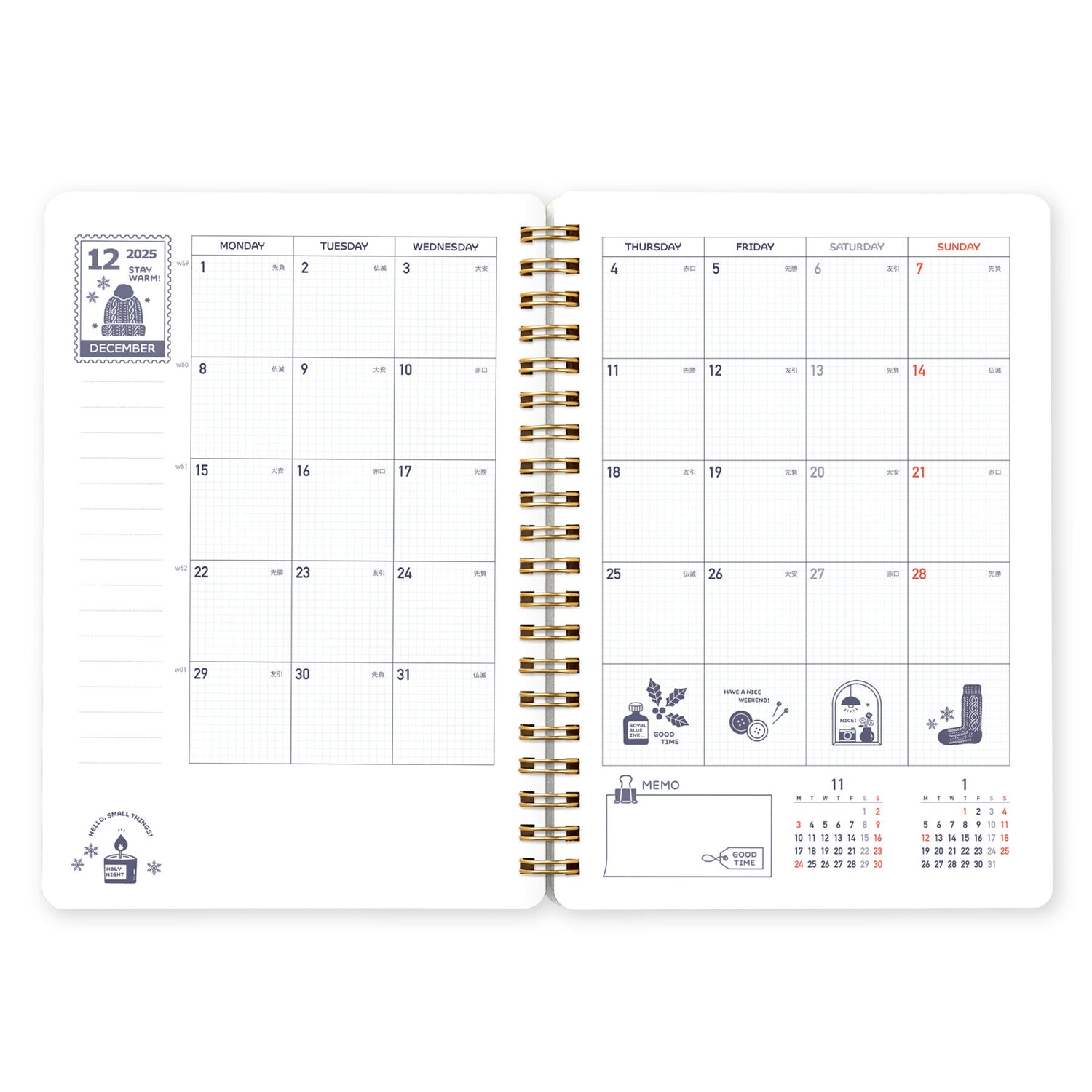 Eric x Kleid 2026 Ring Diary B6

This is the second collaboration between Eric, who expresses a world filled with small things through his unique stamps, and Kleid Diary. Eric's worldview is expressed in every detail, from the cover to the monthly and note pages. It features a diagonal elastic band that can be used as a pen holder or bookmark, and a convenient double-sided pocket on the last page. The 2026 edition is available in the iconic navy and a soft, elegant greige.
Size: 182 x 128 mm
Paper: 70 sheet