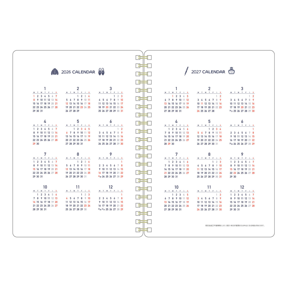 Eric x Kleid 2026 Ring Diary B6

This is the second collaboration between Eric, who expresses a world filled with small things through his unique stamps, and Kleid Diary. Eric's worldview is expressed in every detail, from the cover to the monthly and note pages. It features a diagonal elastic band that can be used as a pen holder or bookmark, and a convenient double-sided pocket on the last page. The 2026 edition is available in the iconic navy and a soft, elegant greige.
Size: 182 x 128 mm
Paper: 70 sheet