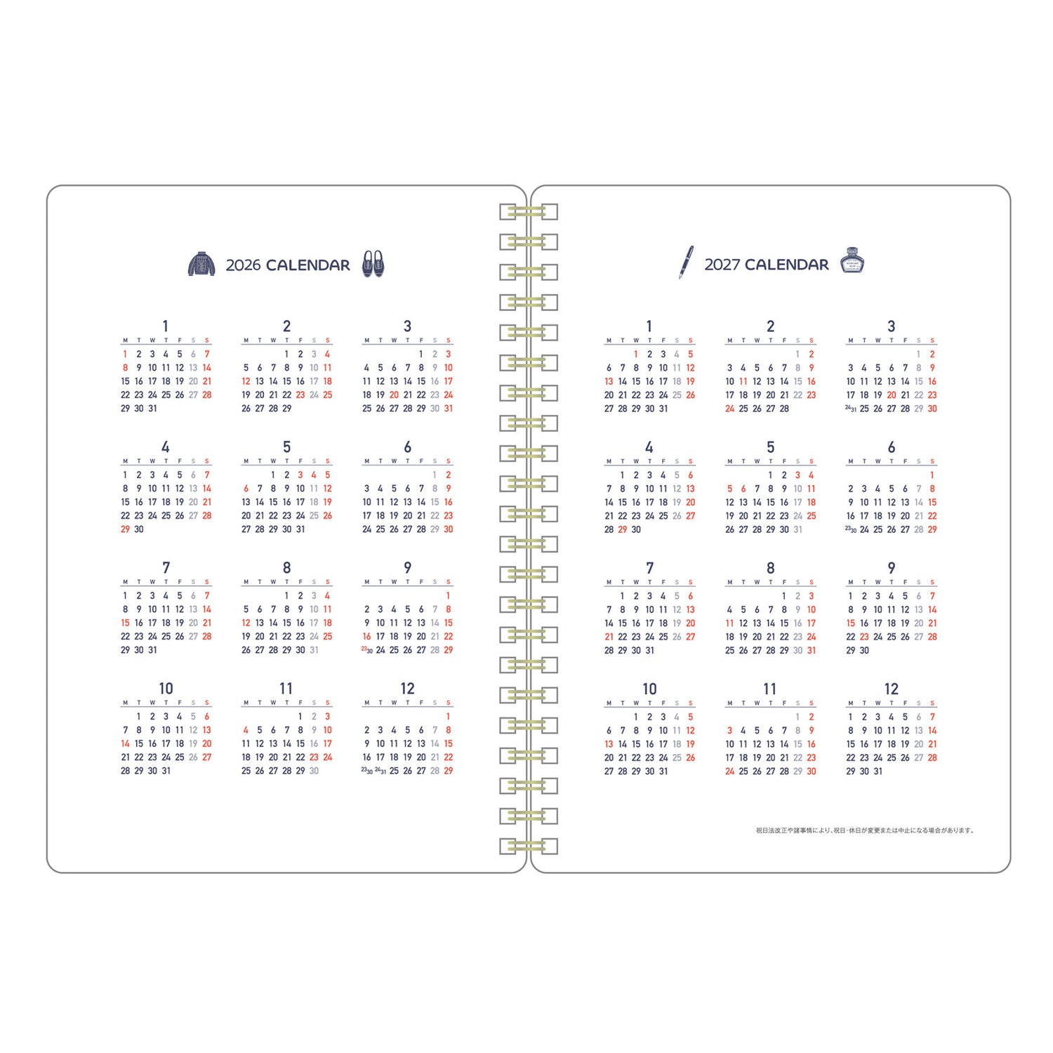 Eric x Kleid 2026 Ring Diary B6

This is the second collaboration between Eric, who expresses a world filled with small things through his unique stamps, and Kleid Diary. Eric's worldview is expressed in every detail, from the cover to the monthly and note pages. It features a diagonal elastic band that can be used as a pen holder or bookmark, and a convenient double-sided pocket on the last page. The 2026 edition is available in the iconic navy and a soft, elegant greige.
Size: 182 x 128 mm
Paper: 70 sheet