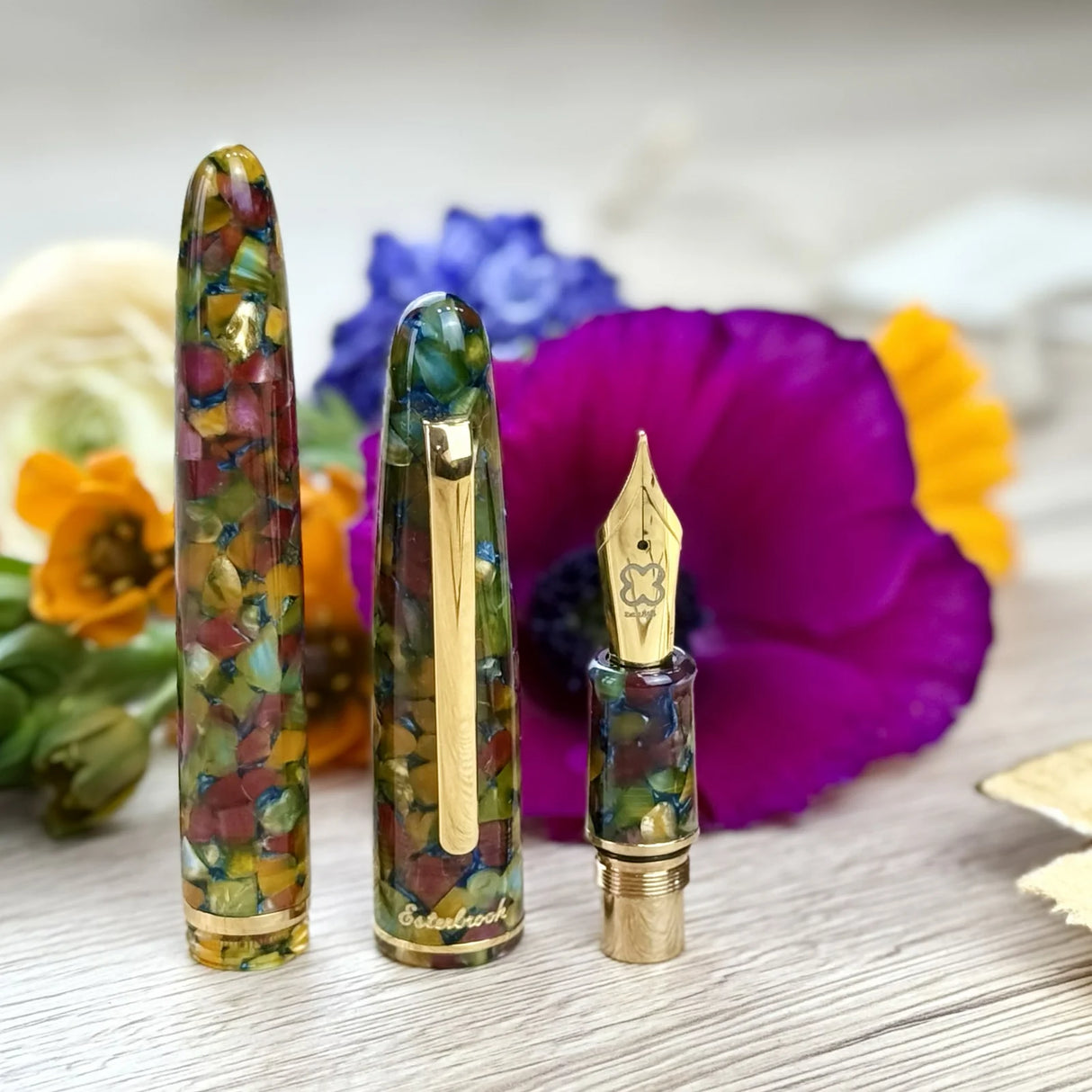 Inspired by lush gardens, the Botanical Garden Estie is a fountain pen that celebrates the beauty of nature. With intricate details and superior craftsmanship, this pen brings a touch of the outdoors to your writing, merging artistry and functionality in a way that is both elegant and practical.

The Esterbrook Estie features a German-manufactured nib by Jowo, known for its reliability and smooth performance. Each nib is carefully inspected by hand and marked with our logo and size indication for easy ident
