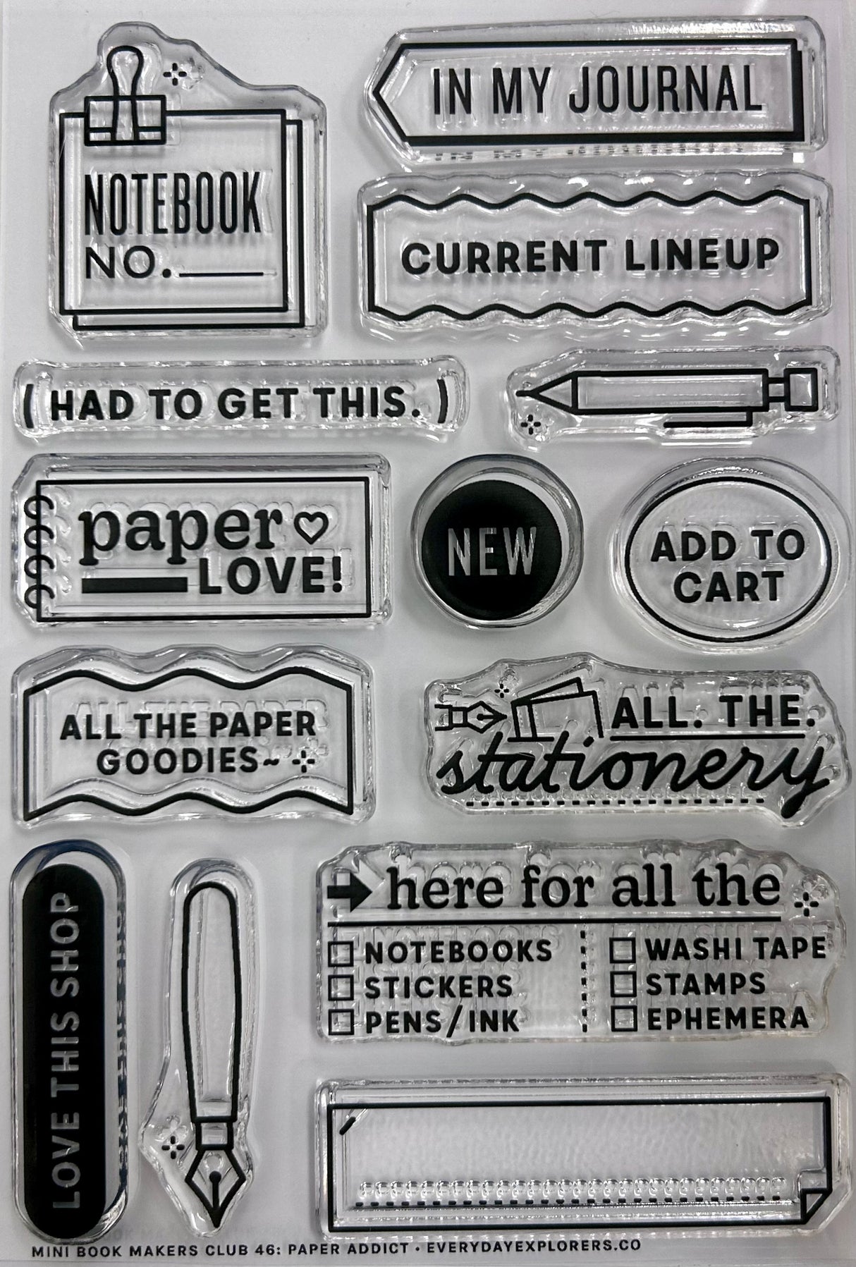 Everyday Explorers Paper Addict - 4x6 Clear Stamp Set

This set is great for tracking projects and weekly lists in your journals and planners!

Use this set for scrapbooking, Project Life, planners, travel journals, and bullet journals! 4x6 clear stamp set, includes 16 stamps.

Travelers Notebooks
Scrapbooks
Daily Journals
Pocket Page Scrapbooks