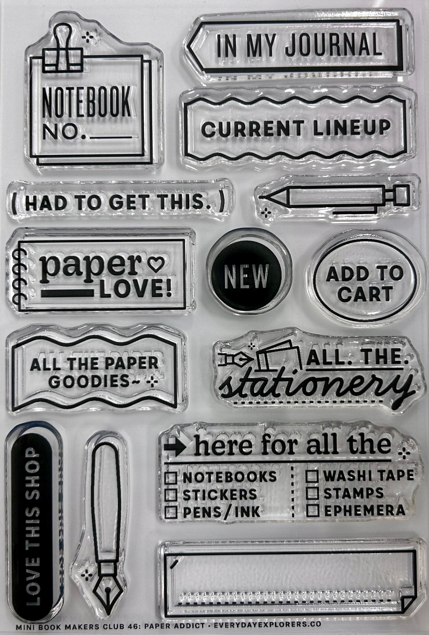 Everyday Explorers Paper Addict - 4x6 Clear Stamp Set

This set is great for tracking projects and weekly lists in your journals and planners!

Use this set for scrapbooking, Project Life, planners, travel journals, and bullet journals! 4x6 clear stamp set, includes 16 stamps.

Travelers Notebooks
Scrapbooks
Daily Journals
Pocket Page Scrapbooks