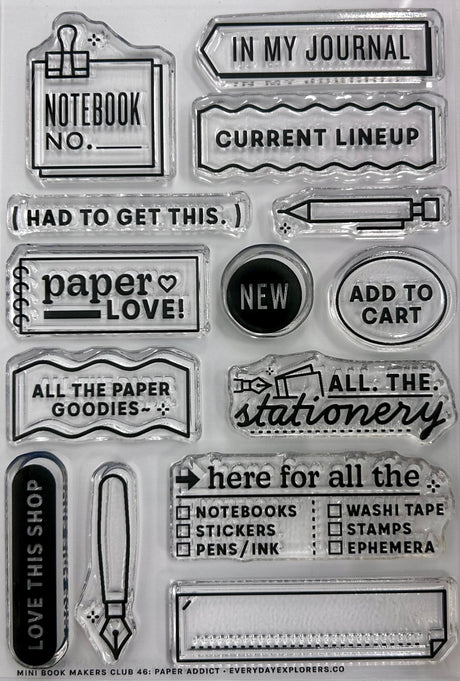 Everyday Explorers Paper Addict - 4x6 Clear Stamp Set

This set is great for tracking projects and weekly lists in your journals and planners!

Use this set for scrapbooking, Project Life, planners, travel journals, and bullet journals! 4x6 clear stamp set, includes 16 stamps.

Travelers Notebooks
Scrapbooks
Daily Journals
Pocket Page Scrapbooks