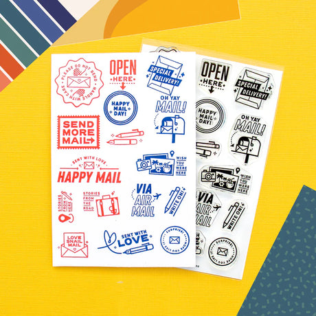 Happy mail comes in many forms… whether it’s a fun handwritten card from a loved one, or that online order you made at 2am ;) This set is perfect for documenting the fun mail you get and perfect for decorating all the mail you send out. We love snail mail — if you do too, this set is one you’ll be reaching for over and over again as you send those fun packages out!

Use this set for scrapbooking, Project Life, planners, travel journals, and bullet journals! 4x6 clear stamp set, includes 16 stamps.