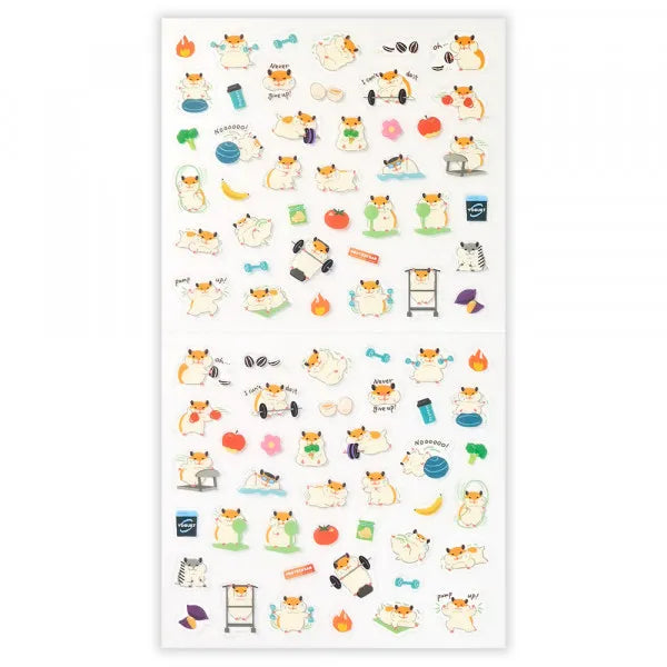This sticker has a translucent and matte texture that blends in with the notebook.
It can be separated with perforations and carried as much as necessary.
I drew Hamnosuke of a hamster who works muscle training, running, swimming, etc.
Recommended for those who want to exercise hard.


1 Sheet included
165× 90mm
Transparent seal