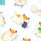 This sticker has a translucent and matte texture that blends in with the notebook.
It can be separated with perforations and carried as much as necessary.
I drew Hamnosuke of a hamster who works muscle training, running, swimming, etc.
Recommended for those who want to exercise hard.


1 Sheet included
165× 90mm
Transparent seal