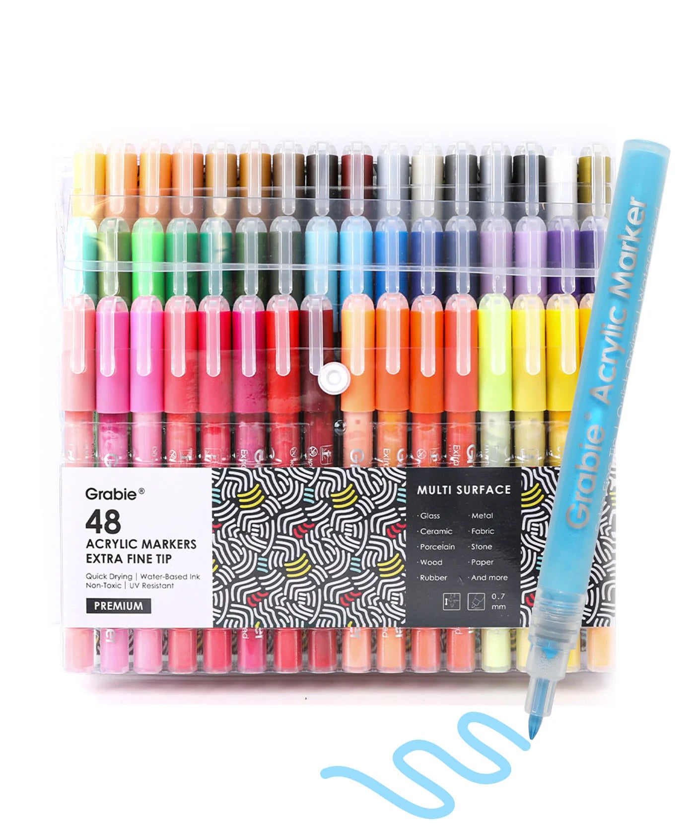 Our fine tip markers have a 0.7mm point for beautiful crisp and clean lines. A must for any artist creating drawings, technical work, or illustrations. The 48 colors are bright, quick flowing, and fast drying. Made to write practically everywhere, vivid Grabie markers eliminate dullness and boring.