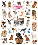 The books’ inside covers are glossy illustrated backgrounds on which kids can create lively and original sticker scenes―and then change them whenever they like. Collage of various dogs and dog grooming items on a white background