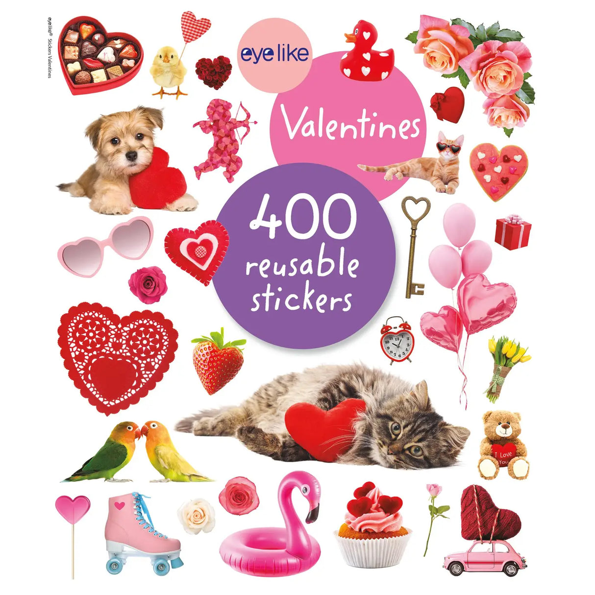 Over 400 irresistible, reusable, and collectible stickers to mix, match, and trade!

Stuffed with over 400 cute and bright hearts, kisses, and Valentine themed designs, kids can decorate valentines day cards, embellish notebooks, and stick on windows to their hearts desire! These peel-and-place stickers are perfect for creating your own work of art anytime, anywhere, and are designed to be stuck on, peeled off, and stuck on again without tearing or losing their stick. The front and back inside covers are gl