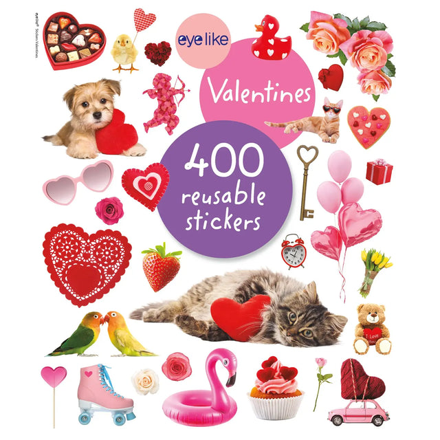 Over 400 irresistible, reusable, and collectible stickers to mix, match, and trade!

Stuffed with over 400 cute and bright hearts, kisses, and Valentine themed designs, kids can decorate valentines day cards, embellish notebooks, and stick on windows to their hearts desire! These peel-and-place stickers are perfect for creating your own work of art anytime, anywhere, and are designed to be stuck on, peeled off, and stuck on again without tearing or losing their stick. The front and back inside covers are gl