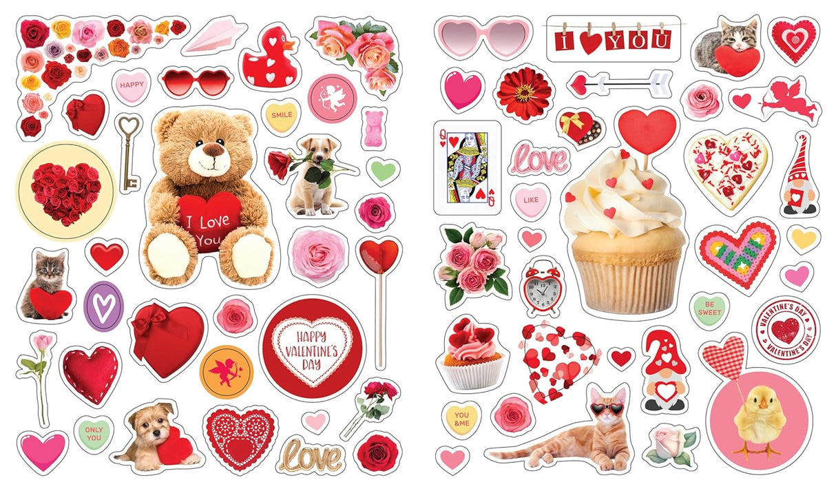 Over 400 irresistible, reusable, and collectible stickers to mix, match, and trade!

Stuffed with over 400 cute and bright hearts, kisses, and Valentine themed designs, kids can decorate valentines day cards, embellish notebooks, and stick on windows to their hearts desire! These peel-and-place stickers are perfect for creating your own work of art anytime, anywhere, and are designed to be stuck on, peeled off, and stuck on again without tearing or losing their stick. The front and back inside covers are gl