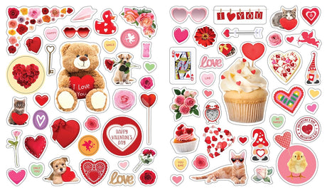 Over 400 irresistible, reusable, and collectible stickers to mix, match, and trade!

Stuffed with over 400 cute and bright hearts, kisses, and Valentine themed designs, kids can decorate valentines day cards, embellish notebooks, and stick on windows to their hearts desire! These peel-and-place stickers are perfect for creating your own work of art anytime, anywhere, and are designed to be stuck on, peeled off, and stuck on again without tearing or losing their stick. The front and back inside covers are gl