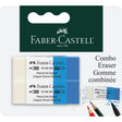 Two pack dual multi-purpose erasers for graphite pencils and ink pens on blistercard. Use the white side to erase pencil marks, and the blue side to erase ink marks.