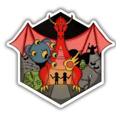 Hexagonal sticker with a red dragon and cartoonish characters on a white background