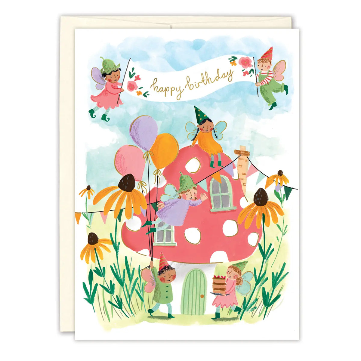 Fairies Birthday Card

Inside verse: Have a magical day!

• Gold foil details
• Illustrated by Emma Block
• Size: A6, 4.5" x 6.25"
• Paired with a kraft envelope
• Printed in the USA on beautiful FSC-certified 10% post-consumer waste recycled paper.
• Eco-friendly, 100% recyclable
• Plastic-free packaging

About The Artist: Emma Block is an artist and illustrator working from her garden studio in East Anglia, England. She is inspired by nature, travel, and little moments of joy in everyday life.