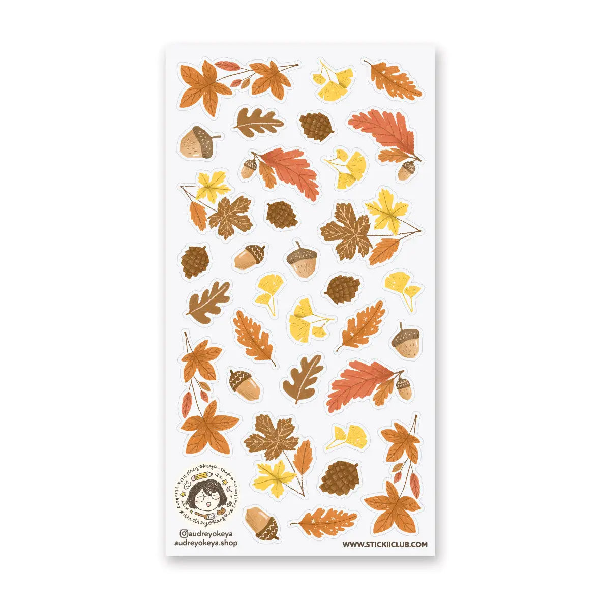 STICKII - Fall Flora Sticker Sheet

🍁 Time to spice things up with this cool set of autumn goodies by @audreyokeya that'll instantly add awesome fall vibes wherever you place them. Featuring leaves, acorns, and pine cones in the classic autumnal color palette, we're feeling the festive spirit already! Art by: @audreyokeya

Top Coating: None
Adhesive Layer: Paper
Backing Layer: Paper
6.69" x 3.54".
Weight - 0.03lbs.
1 sheet included &nbsp; 