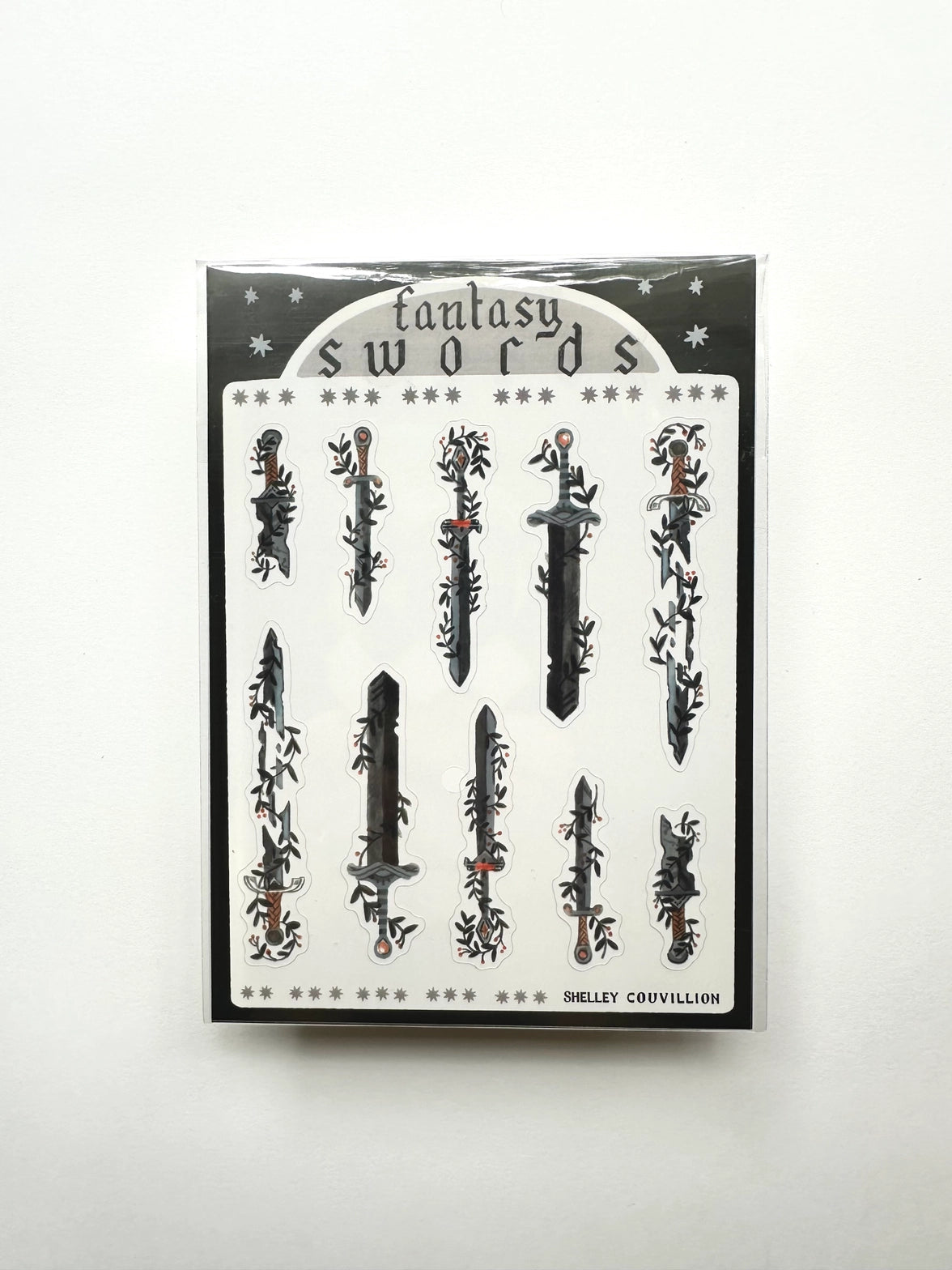 The Fantasy Swords sticker sheet has illustrations by Shelley Couvillion. I paint everything myself in goache! No AI here. This set pairs perfectly with the Swords washi tape as it uses the same illustrations! Perfect for journaling, especially for those of us with a gothy or fantasy or dark academia aesthetic.