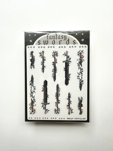 The Fantasy Swords sticker sheet has illustrations by Shelley Couvillion. I paint everything myself in goache! No AI here. This set pairs perfectly with the Swords washi tape as it uses the same illustrations! Perfect for journaling, especially for those of us with a gothy or fantasy or dark academia aesthetic.