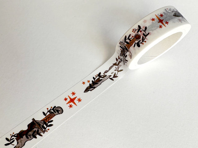 Get ready to wield your creativity with this amazing collection of washi tapes, including the deadly and dashing Swords Washi Tape. Perfect for fantasy nerds, bookstores, gaming stores and anyone that sells to fantasy loving customers. 15mm wide.