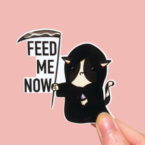 Feed Me Now Grim Reaper Cat Vinyl Sticker