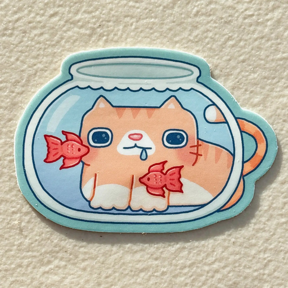 Cat Drooling Sticker Sticky Rice Co - Fishbowl Drooling Orange Cat Vinyl Sticker – Little ...