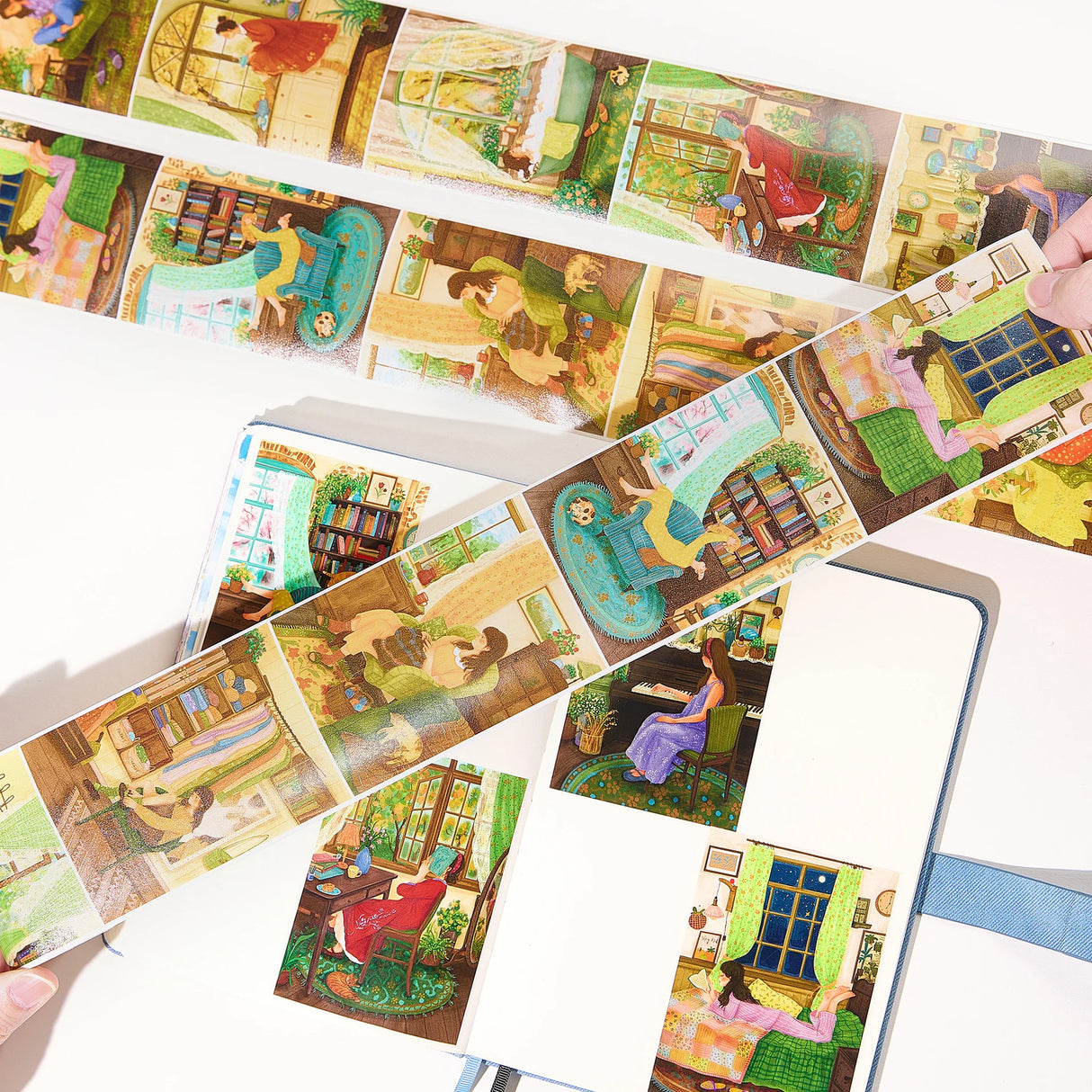 Turn your journal pages into a sanctuary of comfort. The Fleeting Moments Wide Tape features lush, full-scene illustrations that celebrate the joy of staying home.

Brand: WT (The Washi Tape Shop)
Pre-cut Wide Washi/PET Tape
Size: 73mm×5m
Design Loop: 100cm
Material: Washi Tape / PET Clear Tape