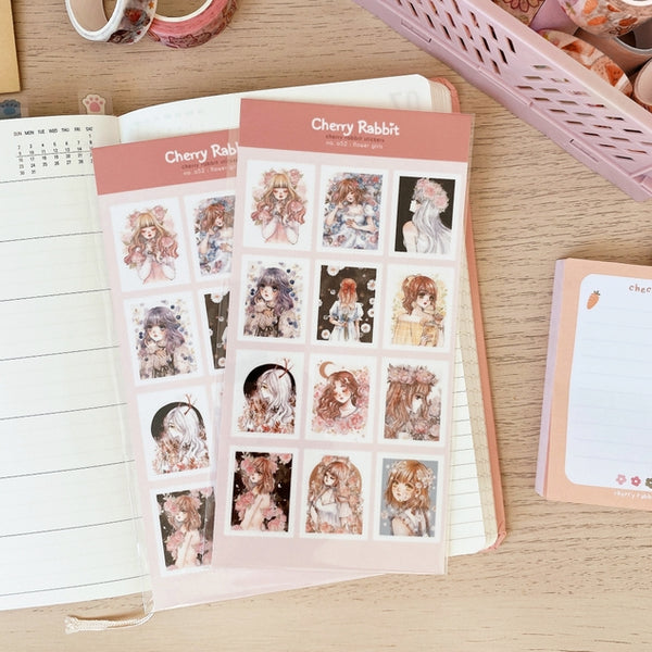 Cherry Rabbit Flower Girls Stamps Washi Sticker Sheet