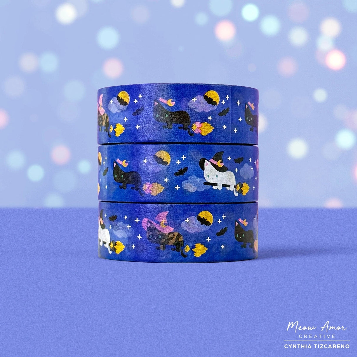 Bring a magical touch to your crafts with the Flying Witch Cats Holo Foil Washi Tape. This charming tape features cute witch cats soaring on broomsticks, enhanced with shimmering holographic foil that catches the light beautifully. Ideal for adding whimsy to journals, gift wrap, and creative projects with a playful, enchanting vibe.

Holo Foil Details
One 10-meter long roll of washi tape
5mm wide, 32mm
paper core&nbsp;