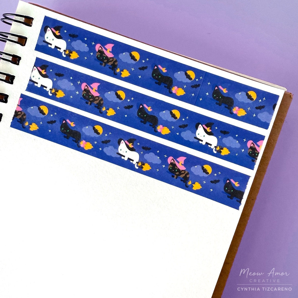 Bring a magical touch to your crafts with the Flying Witch Cats Holo Foil Washi Tape. This charming tape features cute witch cats soaring on broomsticks, enhanced with shimmering holographic foil that catches the light beautifully. Ideal for adding whimsy to journals, gift wrap, and creative projects with a playful, enchanting vibe.

Holo Foil Details
One 10-meter long roll of washi tape
5mm wide, 32mm
paper core&nbsp;