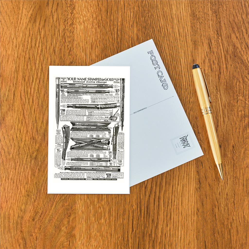 Elevate your inventory with this classic 3.5" x 5.5" postcard featuring an image from our Literature & Letters collection titled Fountain Pen Catalog.
