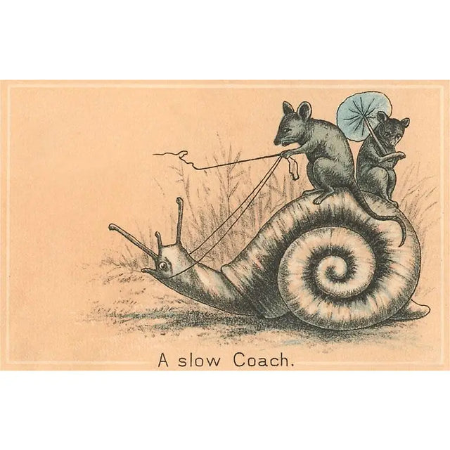 Elevate your inventory with this classic 3.5" x 5.5" postcard featuring an image from our Trade Cards collection titled Mice Riding Snail.

It captures a nostalgic, vintage-inspired aesthetic that customers love. Perfect for adding a charming, retro flair to your repertoire.