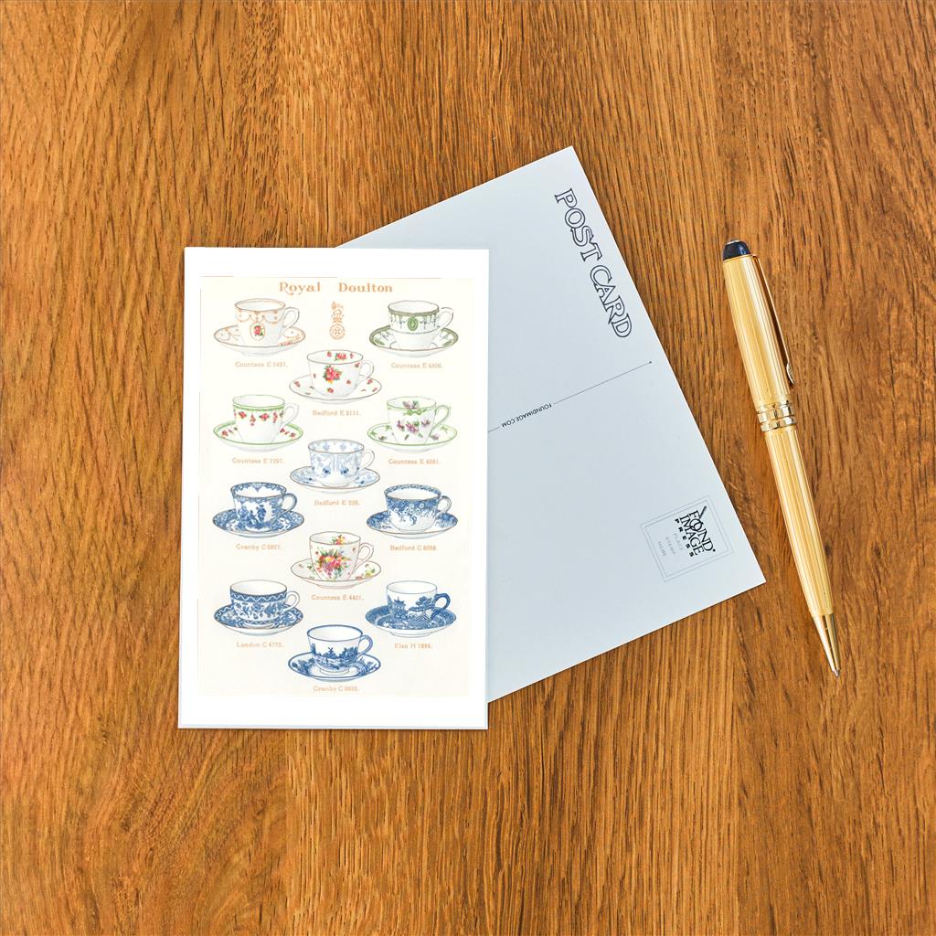 Elevate your inventory with this classic 3.5" x 5.5" postcard featuring an image from our Coffee & Tea collection titled Royal Doulton Coffee Cups.