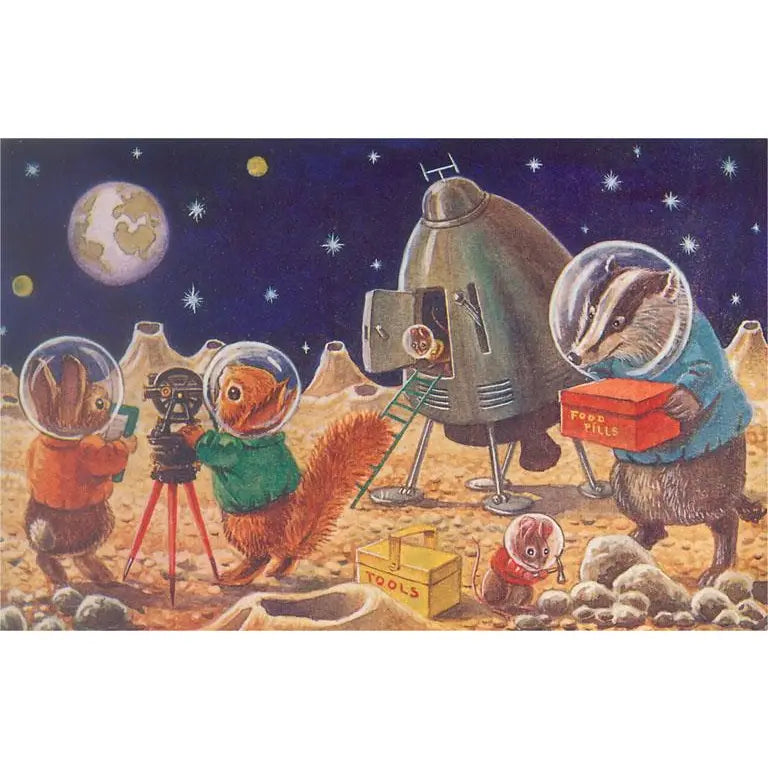 Elevate your inventory with this classic 3.5" x 5.5" postcard featuring an image from our Outer Space collection titled Woodland Creatures on the Moon. It captures a nostalgic, vintage-inspired aesthetic that customers love. Perfect for adding a charming, retro flair to your repertoire.

• Size: 3.5" × 5.5"

• Made in USA using biodegradable, recycled, and recyclable materials