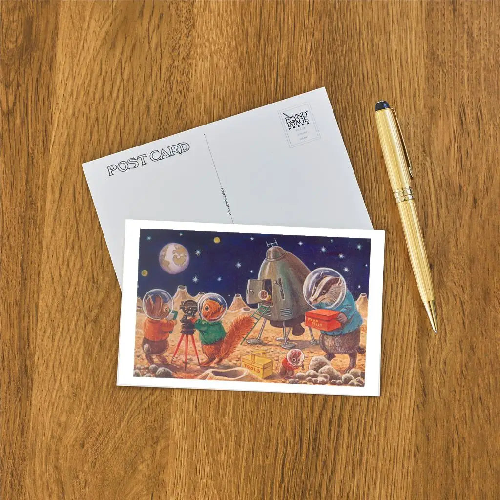 Elevate your inventory with this classic 3.5" x 5.5" postcard featuring an image from our Outer Space collection titled Woodland Creatures on the Moon. It captures a nostalgic, vintage-inspired aesthetic that customers love. Perfect for adding a charming, retro flair to your repertoire.

• Size: 3.5" × 5.5"

• Made in USA using biodegradable, recycled, and recyclable materials