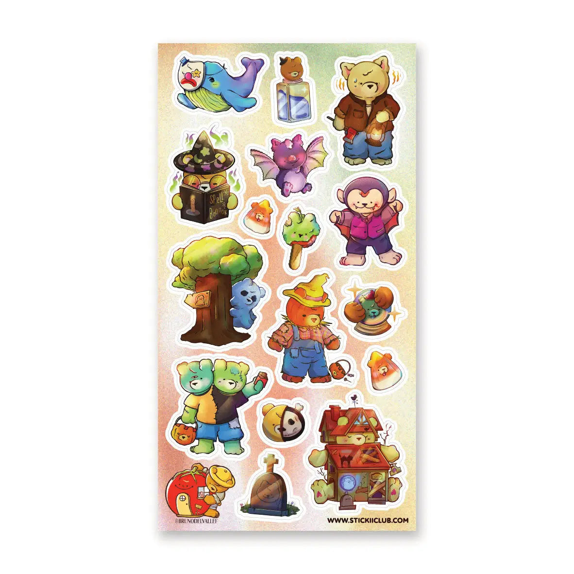 🍬🧟 Step into a boo-tifully cozy Halloween world with @brunodelvallef’s adorable spooky squad! From lantern-carrying critters and wizard bears flipping through spellbooks to playful vampires, fluttery bats, and trick-or-treating pals, every sticker is packed with frightfully cute charm. Wander past haunted houses, mysterious forests, and candy-filled surprises as this bunch turns spooky season into the sweetest kind of scare.

Art by: @brunodelvallef

Top Coating: None
Adhesive Layer: Paper
Backing Layer: 
