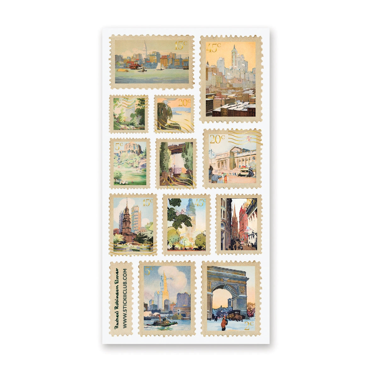 🏙🗽 Explore vintage NYC through these dreamy watercolor sticker stamps by artist Rachael Robinson Elmer. From snow-dusted Washington Square to sun-drenched harbor views, it’s a love letter to the Big Apple, one postage stamp at a time.