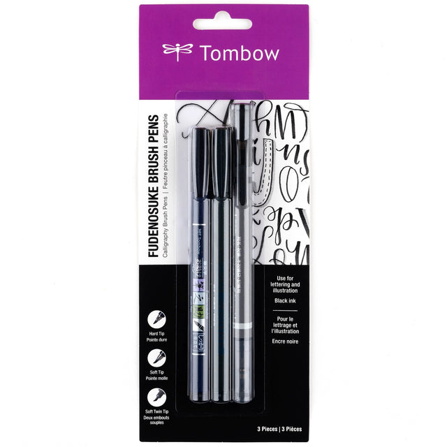 Contains the soft, hard tip and twin tip Fudenosuke Brush Pens.

Features a flexible brush tip for different lettering and drawing techniques. Create extra-fine, fine, or medium strokes by a change in brush pressure. Great for calligraphy and art drawings.

Soft tip, hard tip, and twin tip– water-based, pigmented black ink.
Odorless.
Non-refillable.