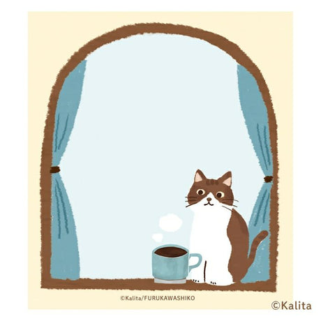 Furukawashiko x Kalinta Memo Pad - Black Coffee Illustration of a cat sitting by a window with a cup of coffee, framed by blue curtains.