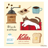 Furukawashiko x Kalinta Memo Pad - Black Coffee Illustration of a cat, coffee grinder, cup of coffee, milk bottle, and toast with 'Kalita' branding.